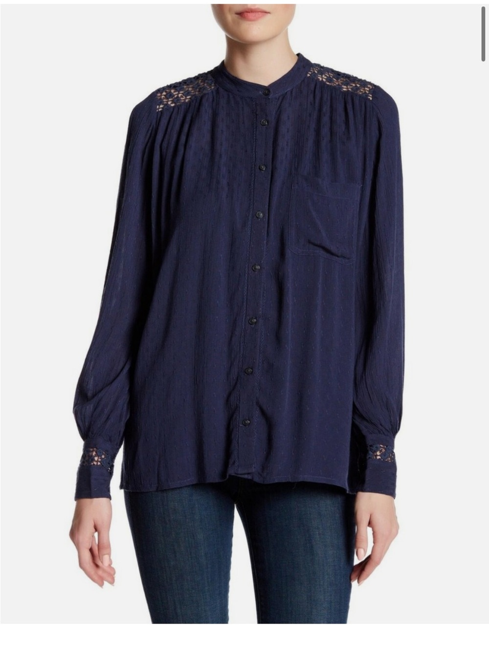 Free People Navy Button-Front crochet back Blouse